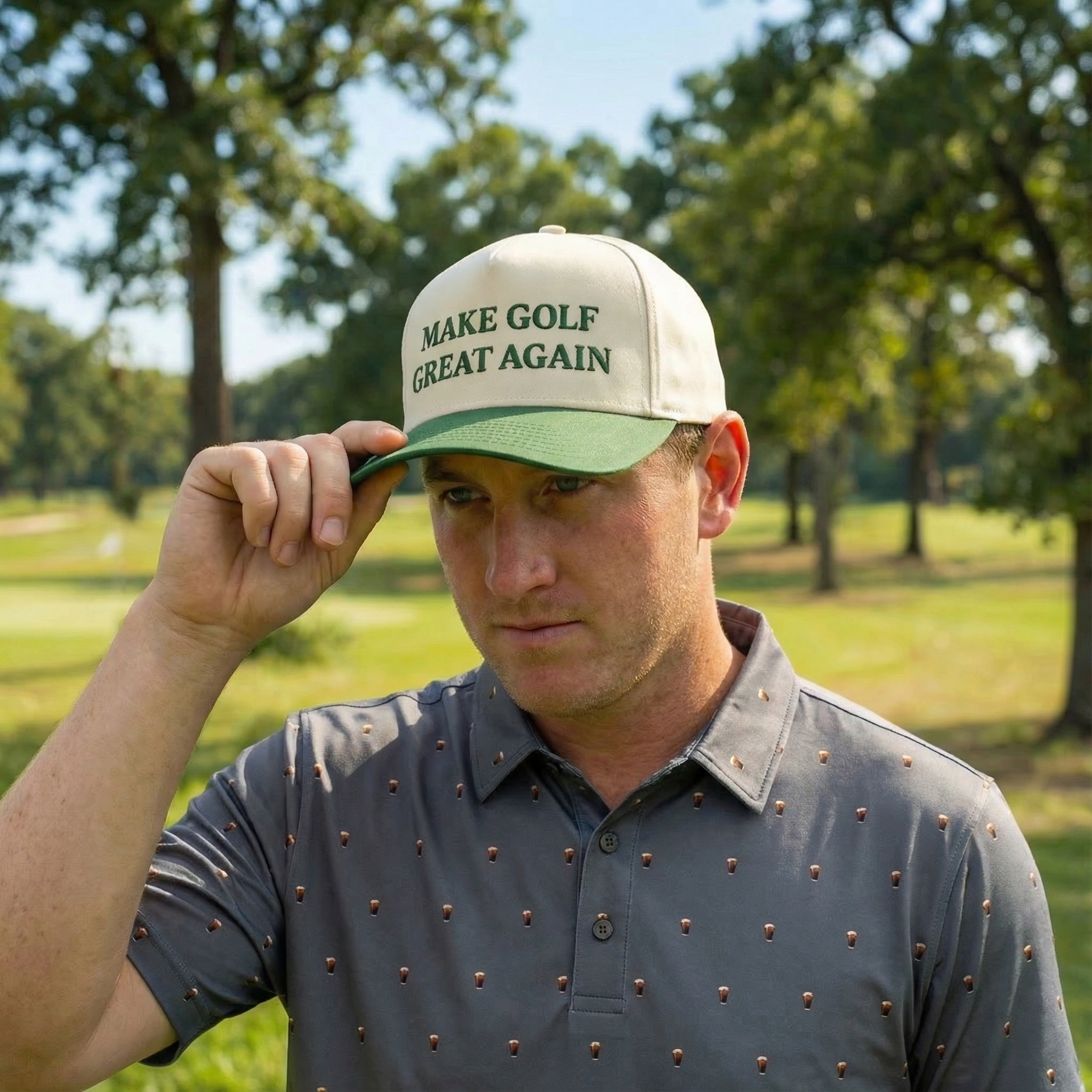 MAKE GOLF GREAT AGAIN CAP - BEIGE/FOREST GREEN