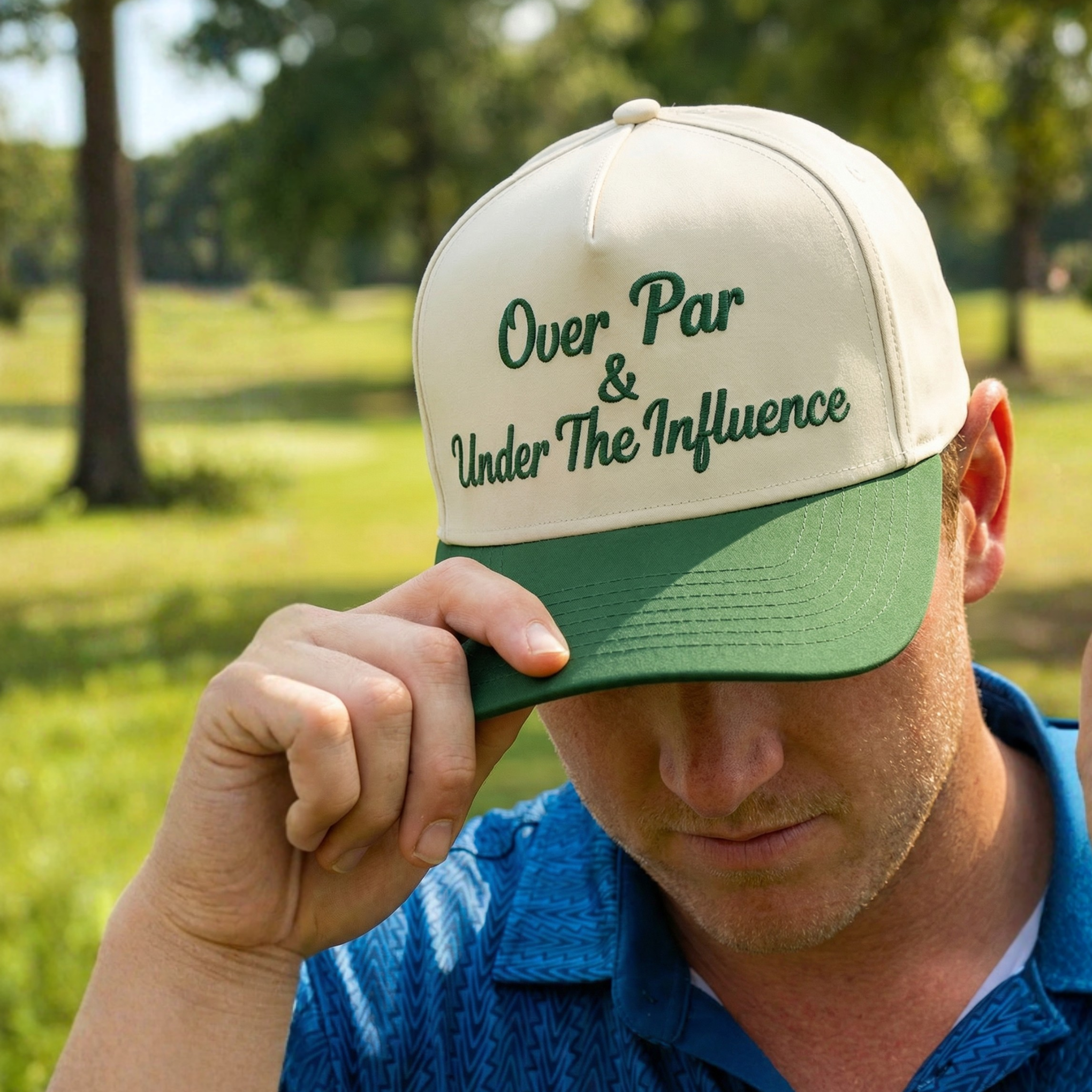 OVER PAR AND UNDER THE INFLUENCE CAP - BEIGE/FOREST GREEN