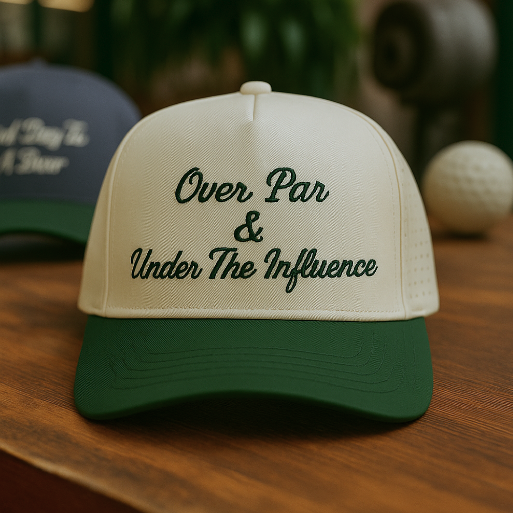 OVER PAR AND UNDER THE INFLUENCE CAP - BEIGE/FOREST GREEN